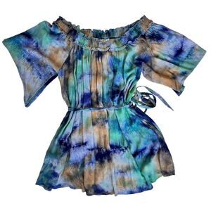 Womens Off Shoulder Tie Dye Dress Medium Tunic Blue Green Bell Sleeve Country